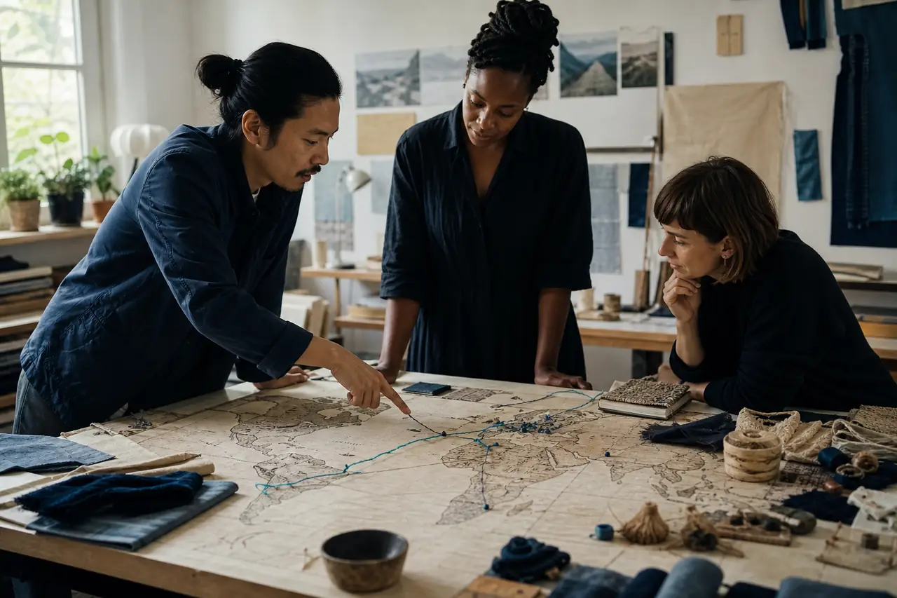 Three product makers discussing a turquoise route across a large tactile world map