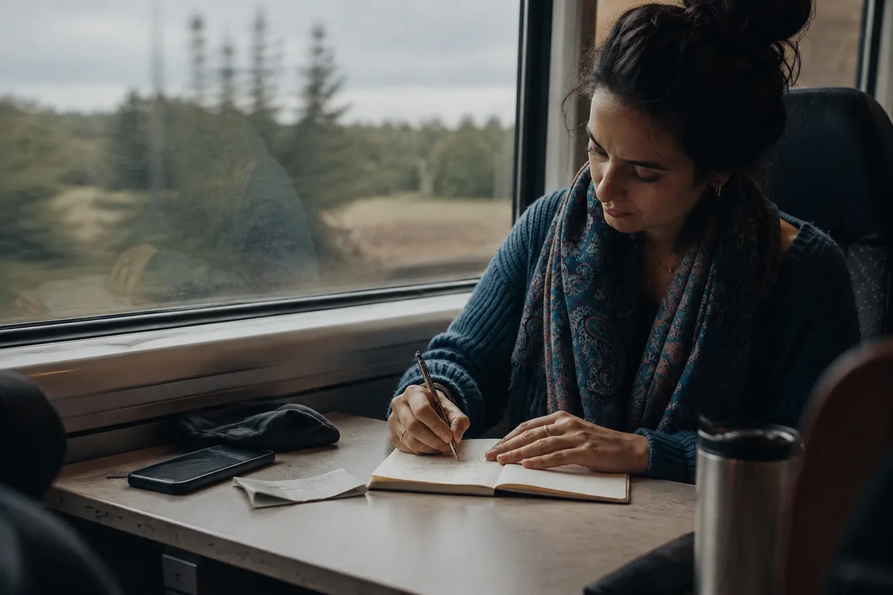 A traveller writing expense notes beside a train window, phone, receipt, and travel cup