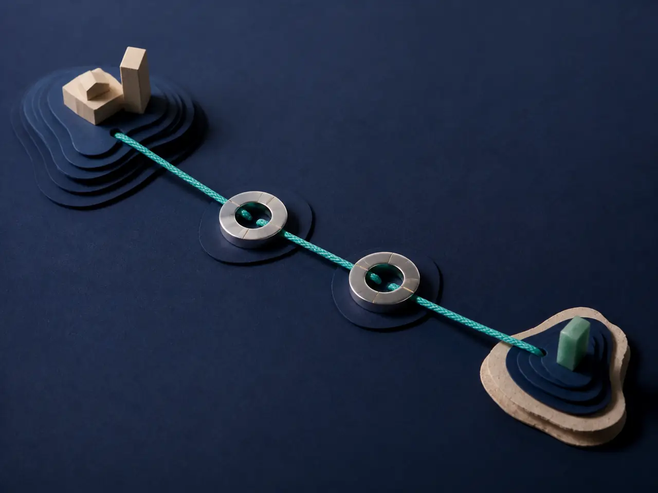 A tactile route linking an origin and destination through two transparent checkpoints